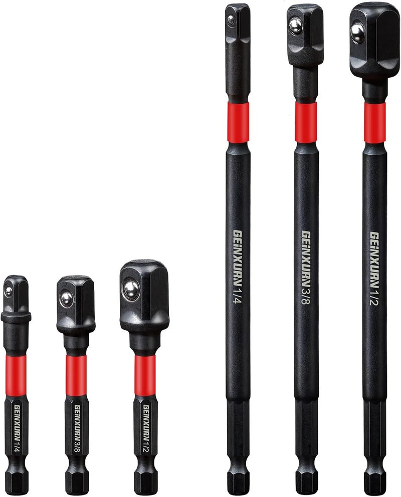 GEINXURN 6Pcs Impact Socket Adapter Set,1/4" 3/8" and 1/2" Drive, (3" and 6") Extension Bit with Holder, Adapt Your Power Drill to High Torque Impact Wrench - Image 1